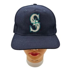 VTG 90s SEATTLE MARINERS Blue LOGO 7 MLB Snapback Fan Cap Baseball Wool Hat RARE